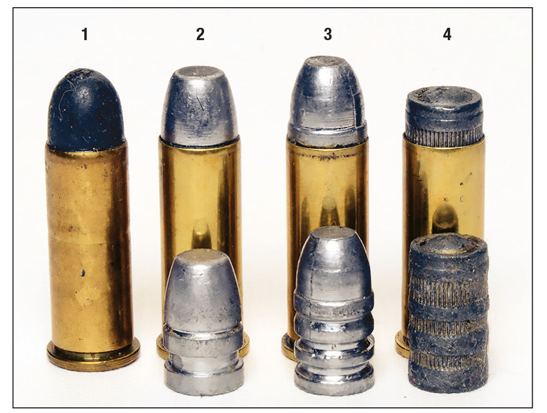 (1) A 38 Long Colt factory load by Winchester is shown with the three handloads that Mike has developed for his 38 Colt “lemon”: (2) a handload using a RN/FP bullet from RCBS mould No. 38-140-CM, (3) a handload using a 145-grain RN/FP hollowbase bullet from Rapine mould No. 38-145HB and (4) a handload using a Speer 148-grain hollowbase WC.